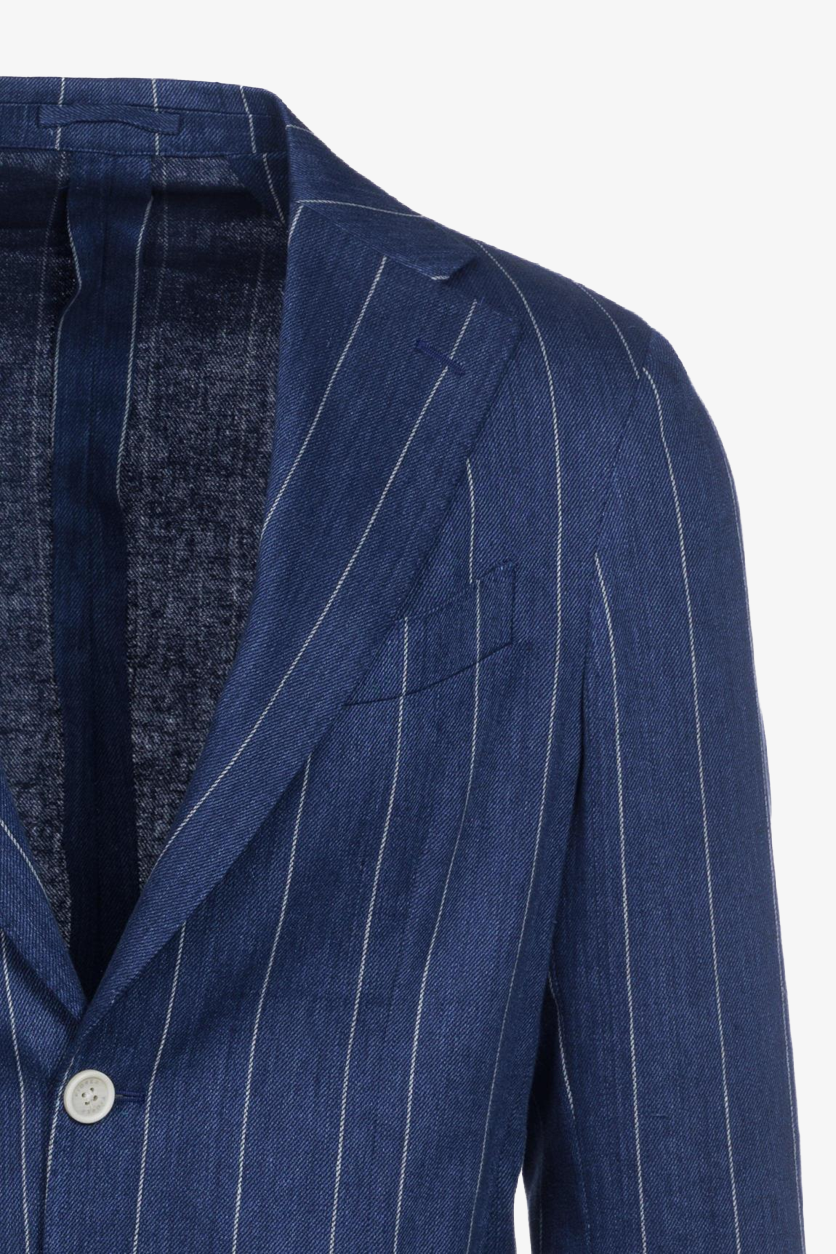 Giacca Napoli monopetto in lino e cotone gessato bluette