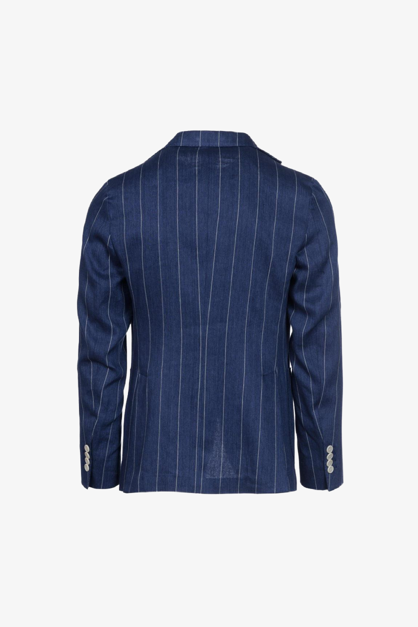 Giacca Napoli monopetto in lino e cotone gessato bluette