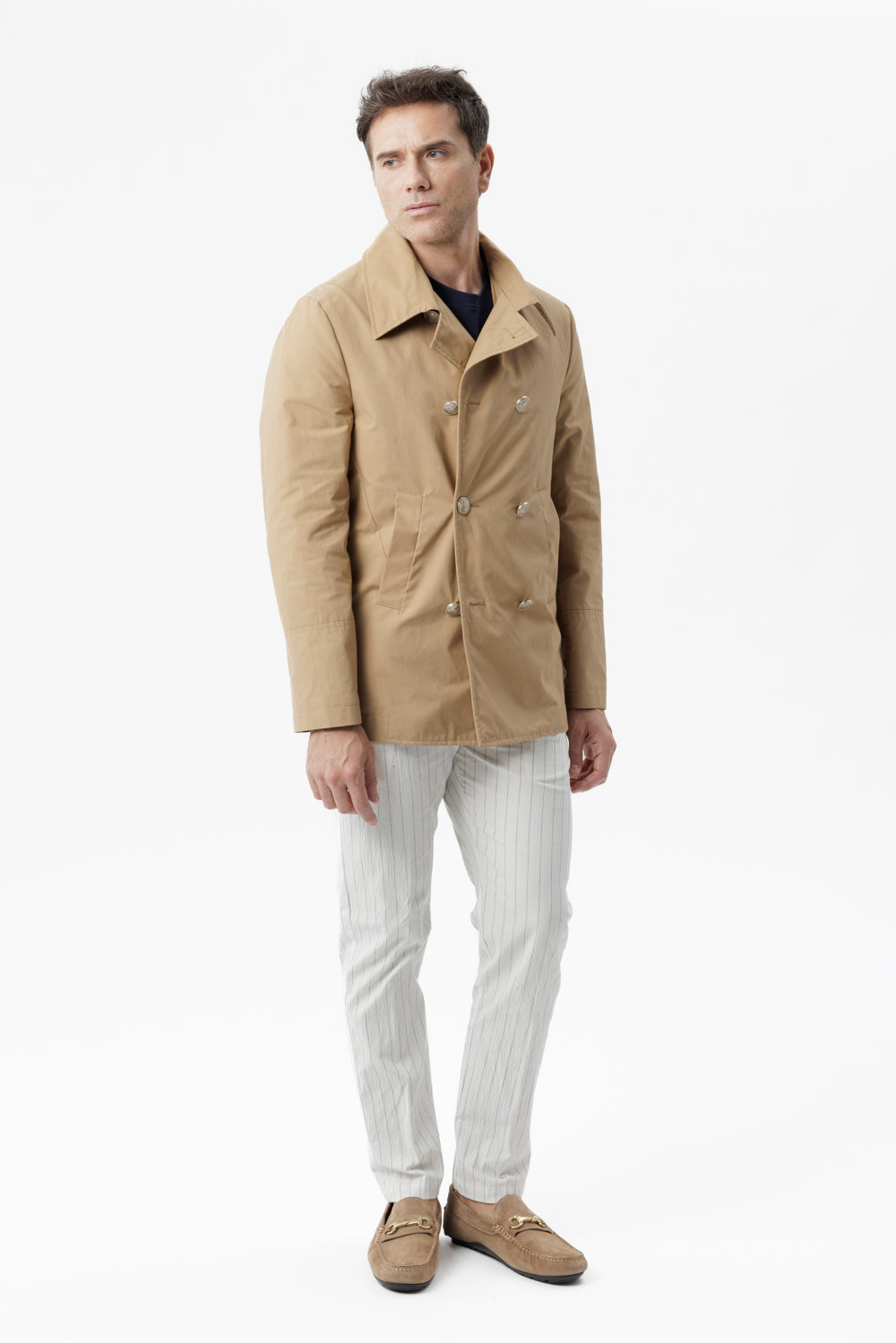 Camel technical cotton double-breasted peacoat