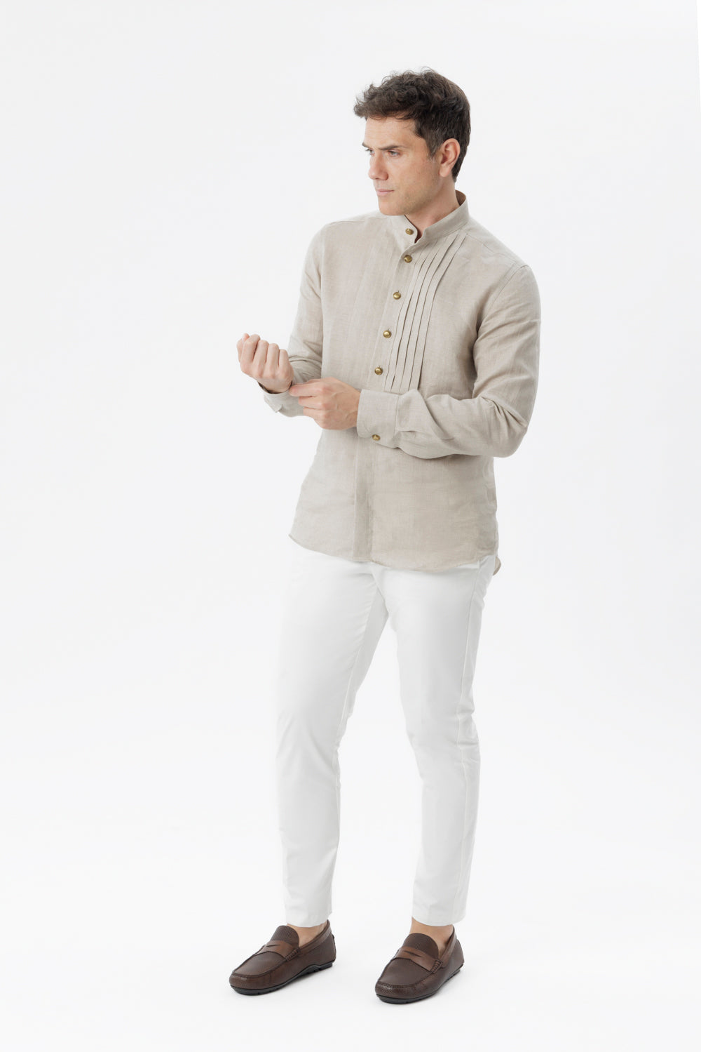 Sand linen mandarin collar shirt