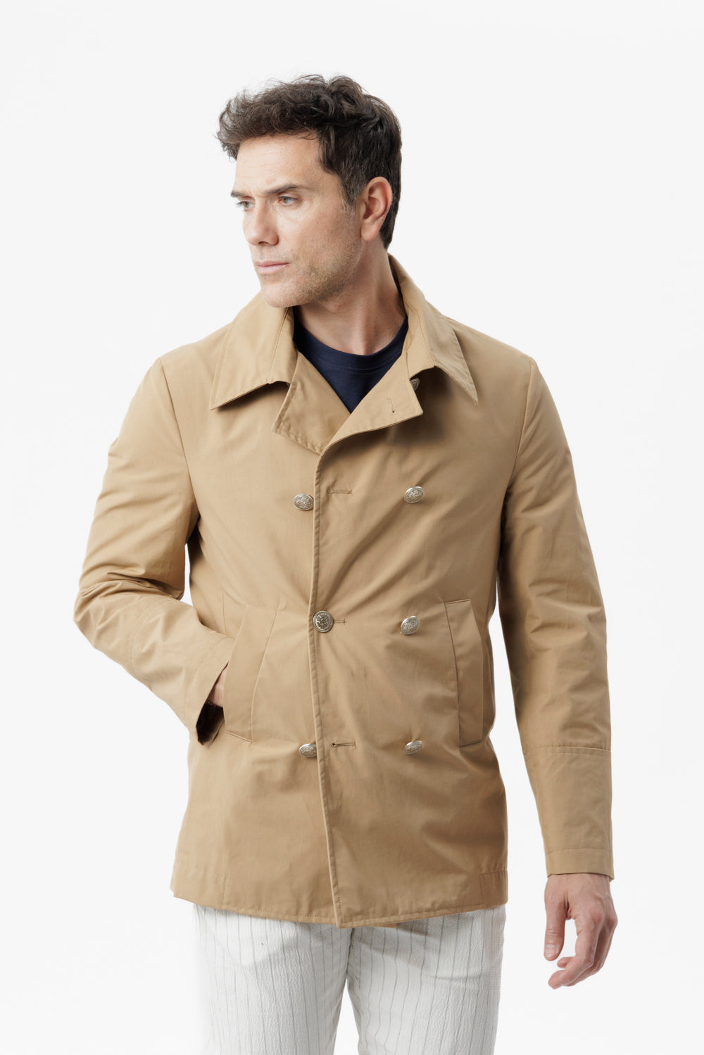 Camel technical cotton double-breasted peacoat