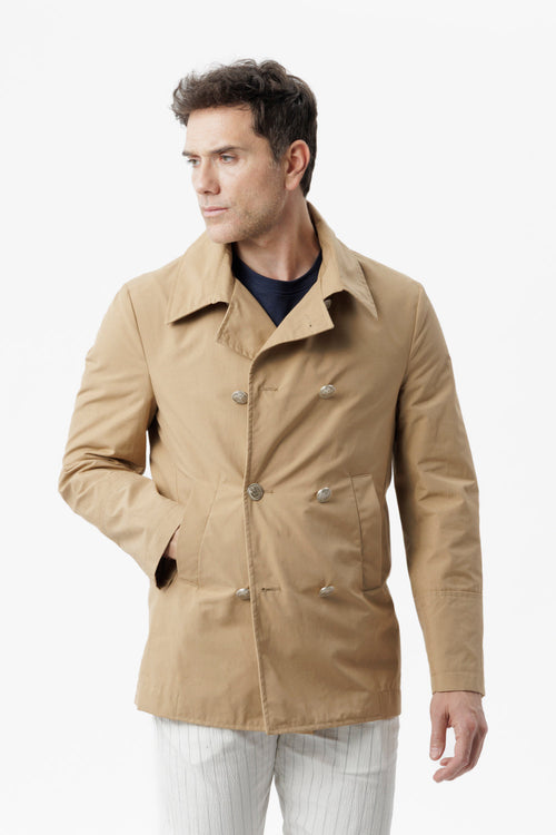 Camel technical cotton double-breasted peacoat