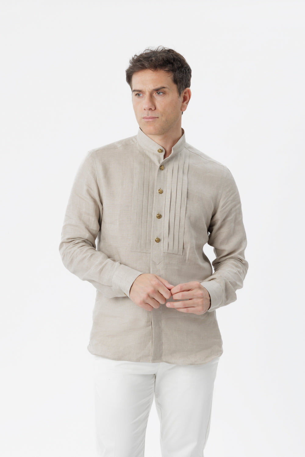 Sand linen mandarin collar shirt