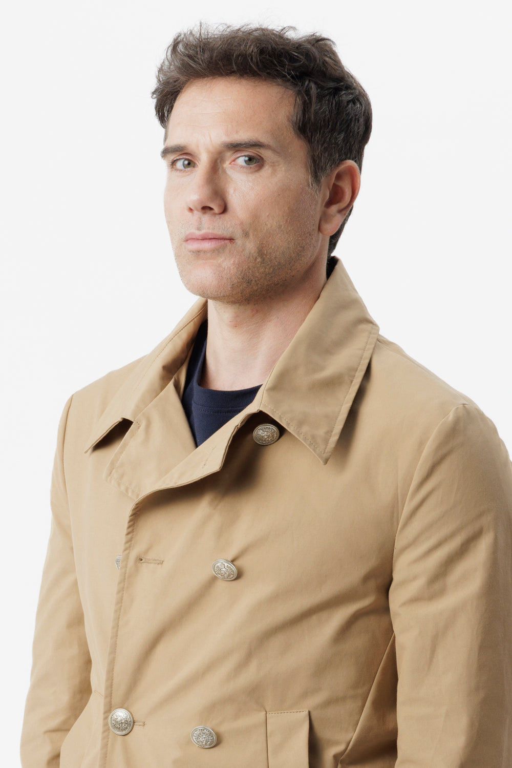 Camel technical cotton double-breasted peacoat