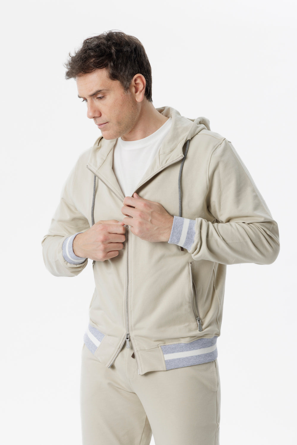 Sand hooded cotton sweatshirt with zip