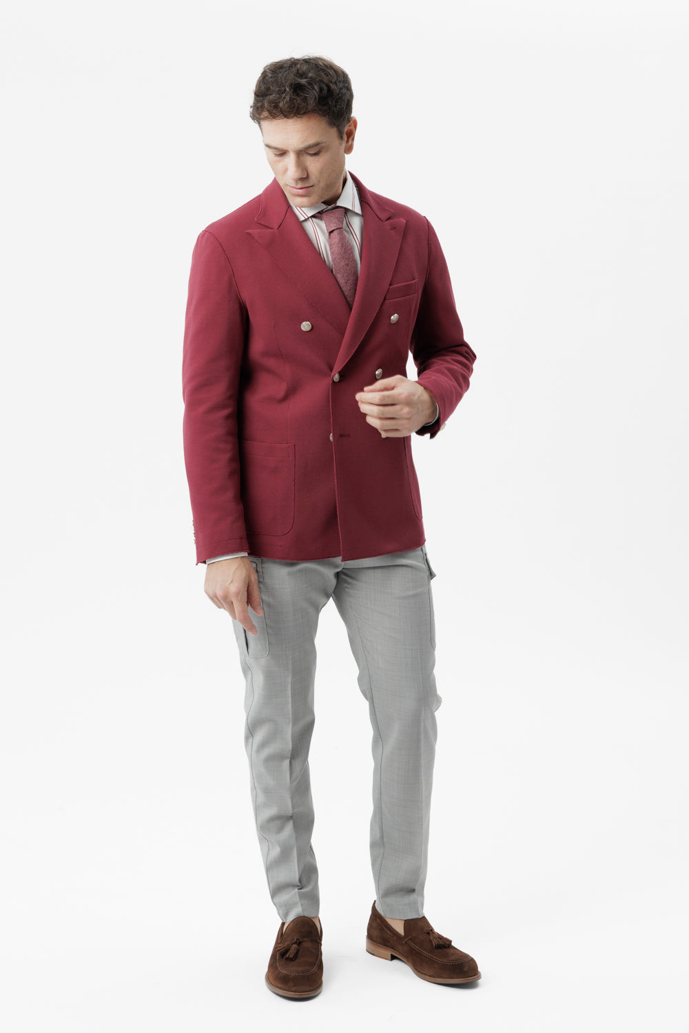 Giacca doppiopetto taglio vivo in cotone piquet stretch bordeaux