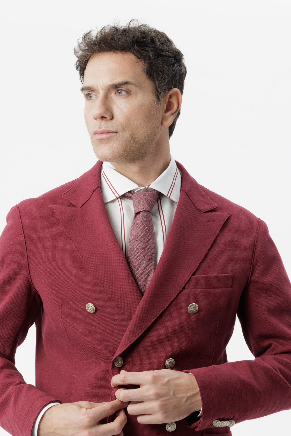 Giacca doppiopetto taglio vivo in cotone piquet stretch bordeaux