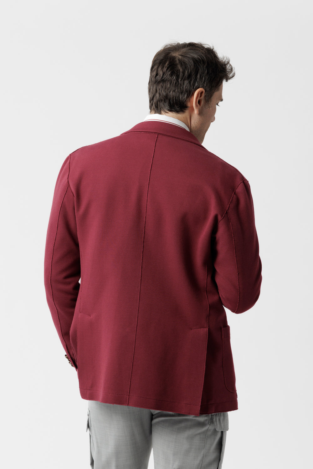Giacca doppiopetto taglio vivo in cotone piquet stretch bordeaux