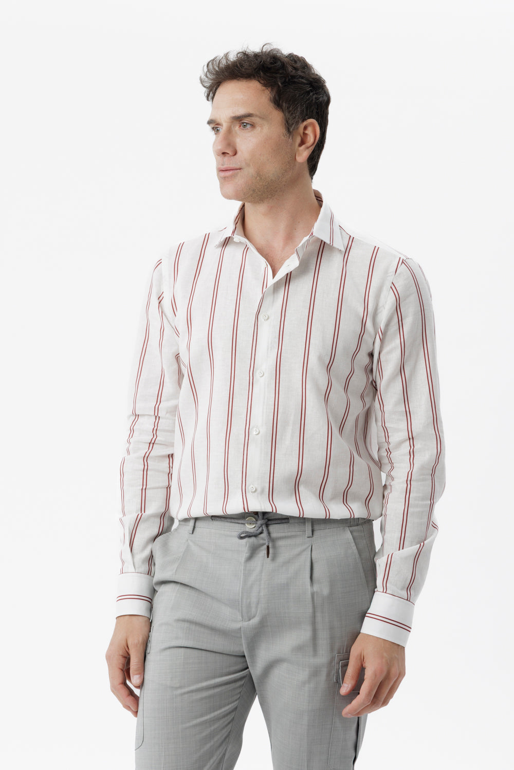 Bordeaux double-stripe linen-cotton shirt