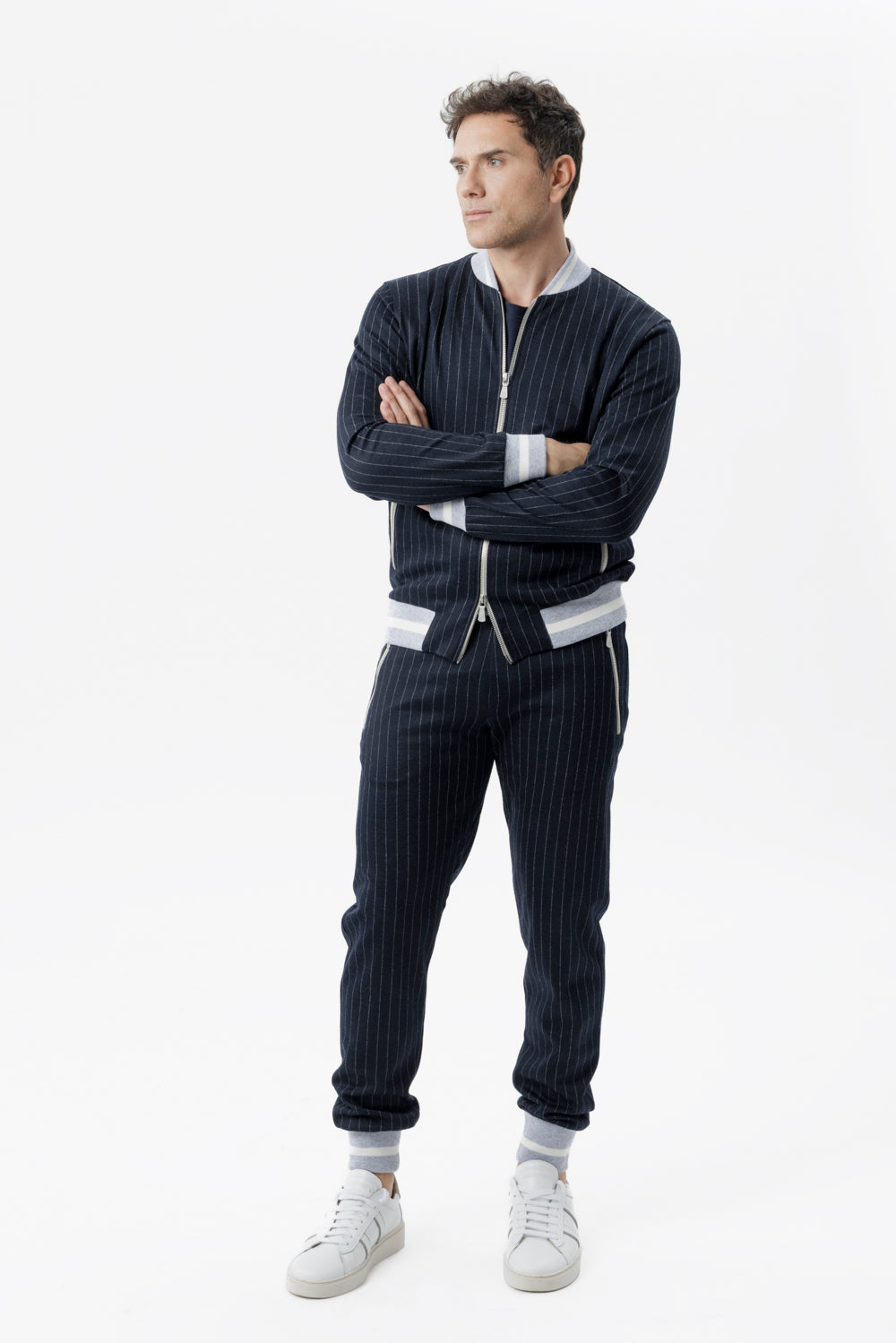 Blue pinstripe zip-up sweatshirt