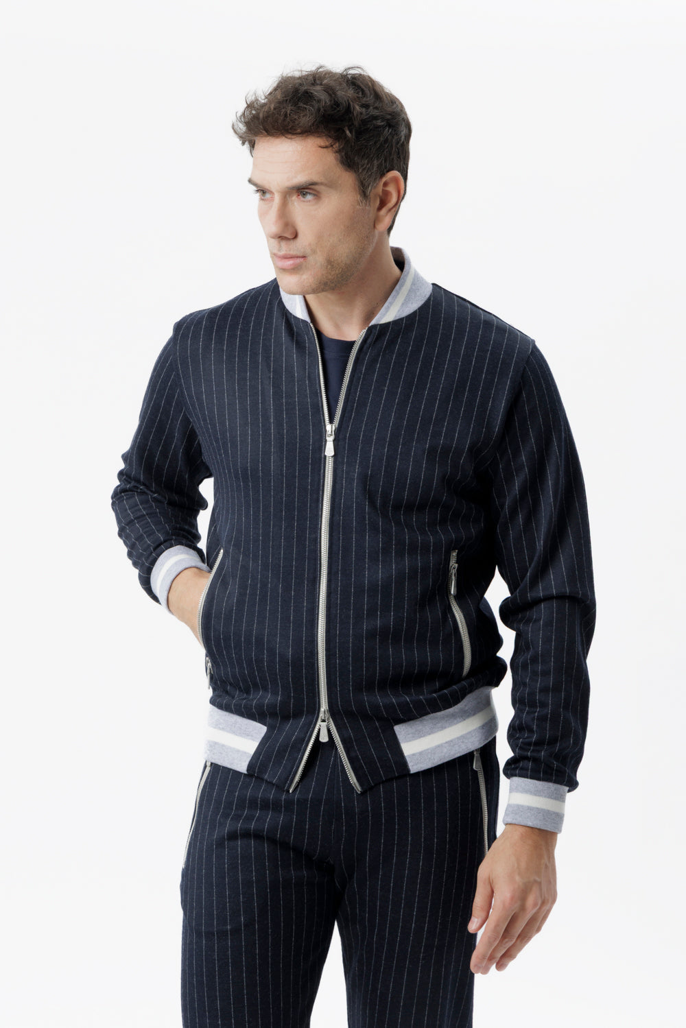 Blue pinstripe zip-up sweatshirt