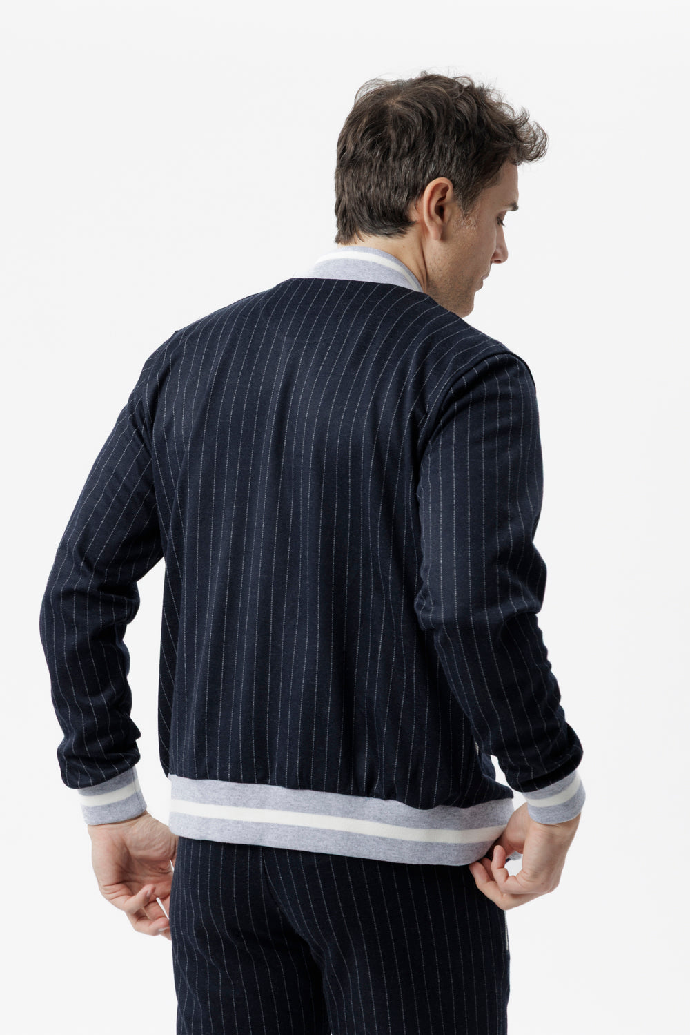 Blue pinstripe zip-up sweatshirt