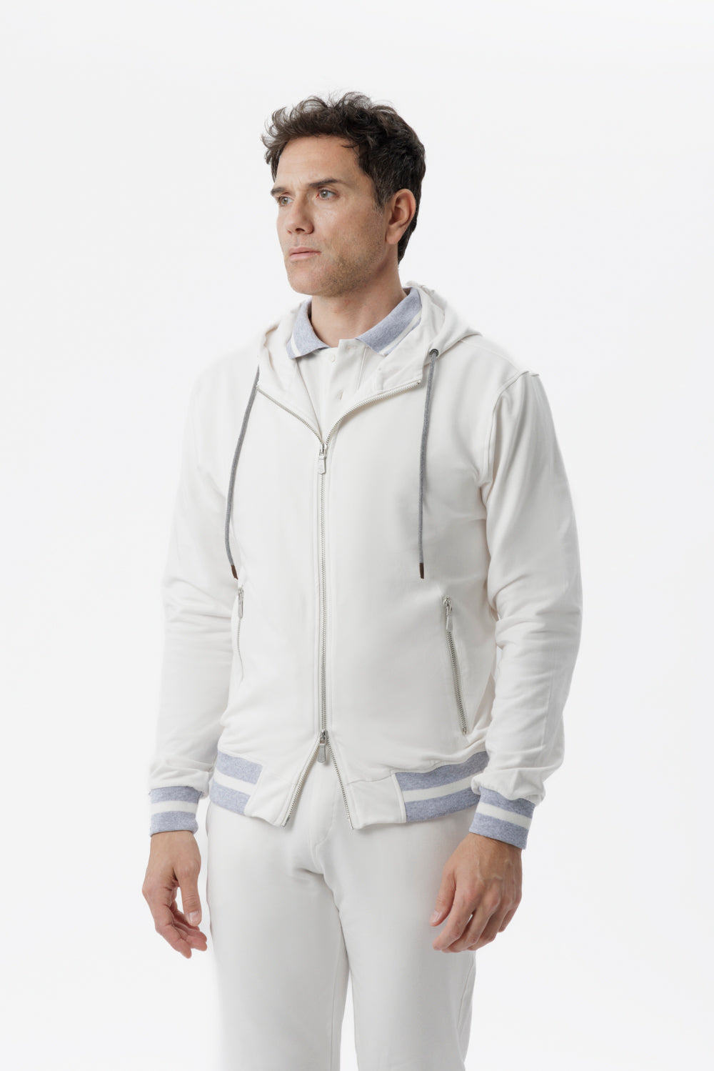 White cotton hooded zip-up sweatshirt