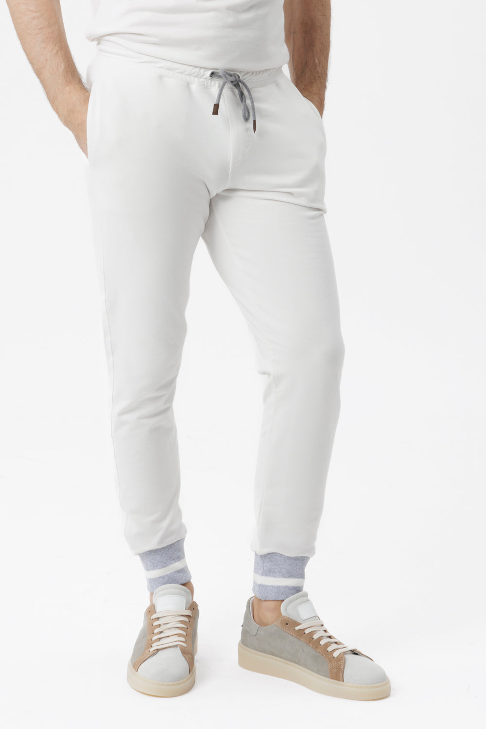 White cotton trousers with two-tone hem
