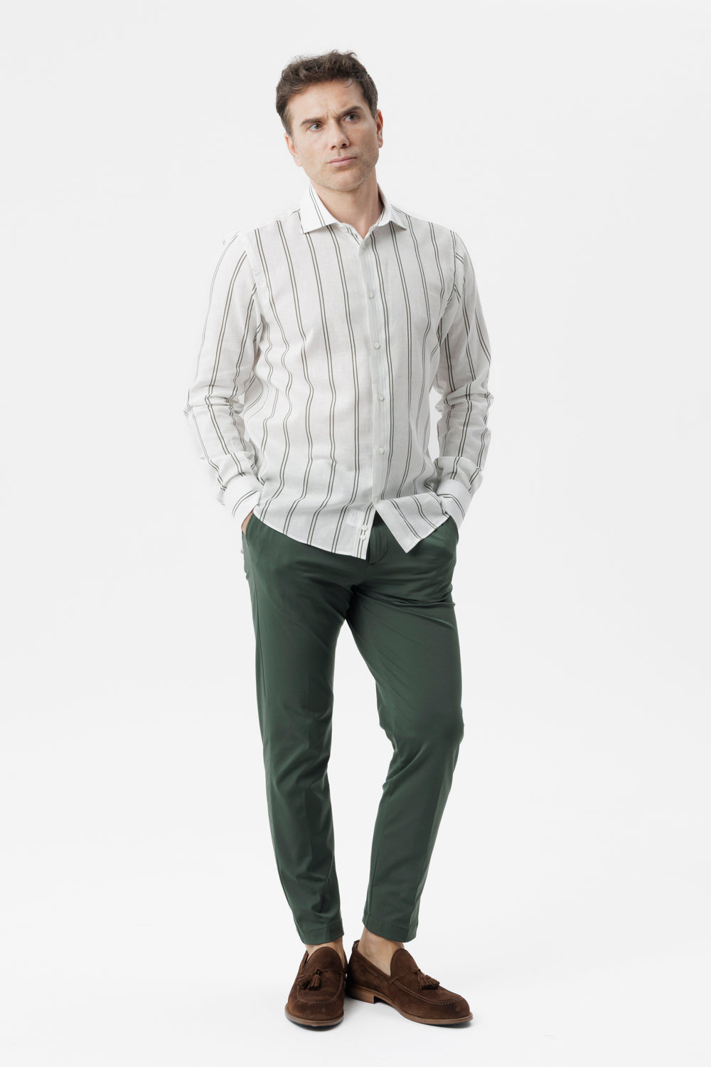 Linen cotton double stripe green shirt
