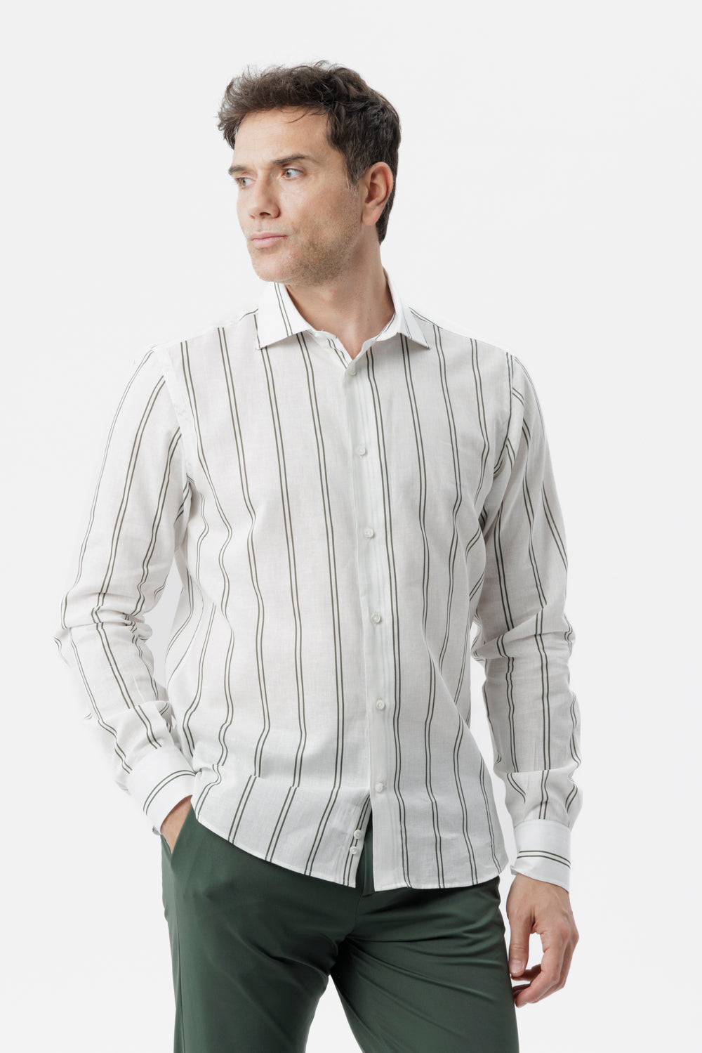 Linen cotton double stripe green shirt