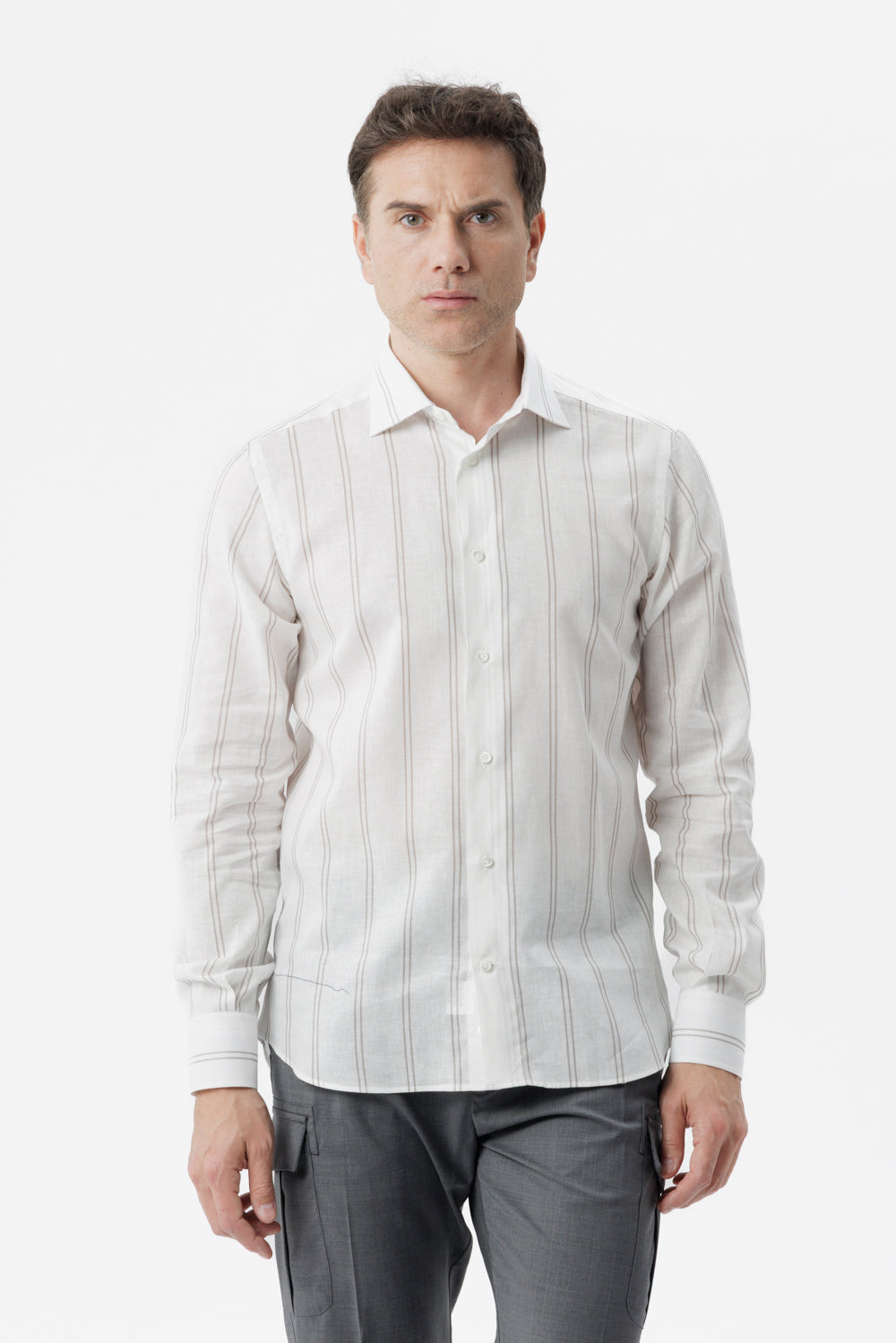 Grey double-stripe linen-cotton shirt