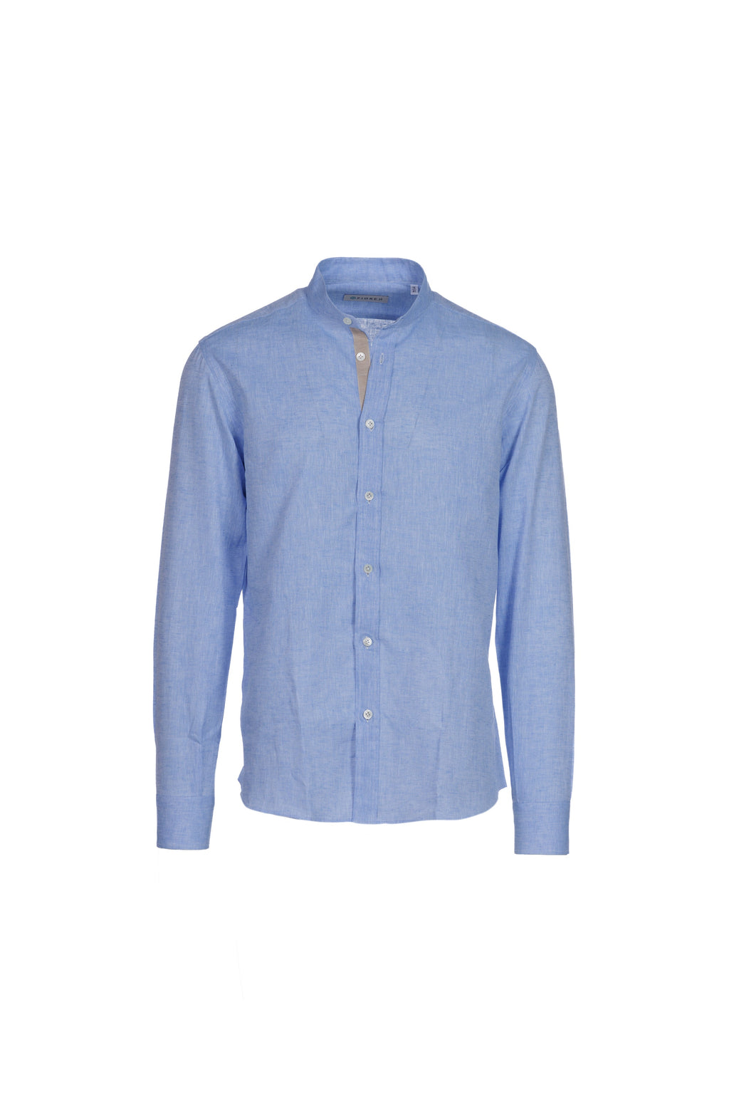 Men's light blue linen and cotton band-collar shirt
