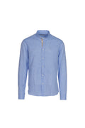 Men's light blue linen and cotton band-collar shirt
