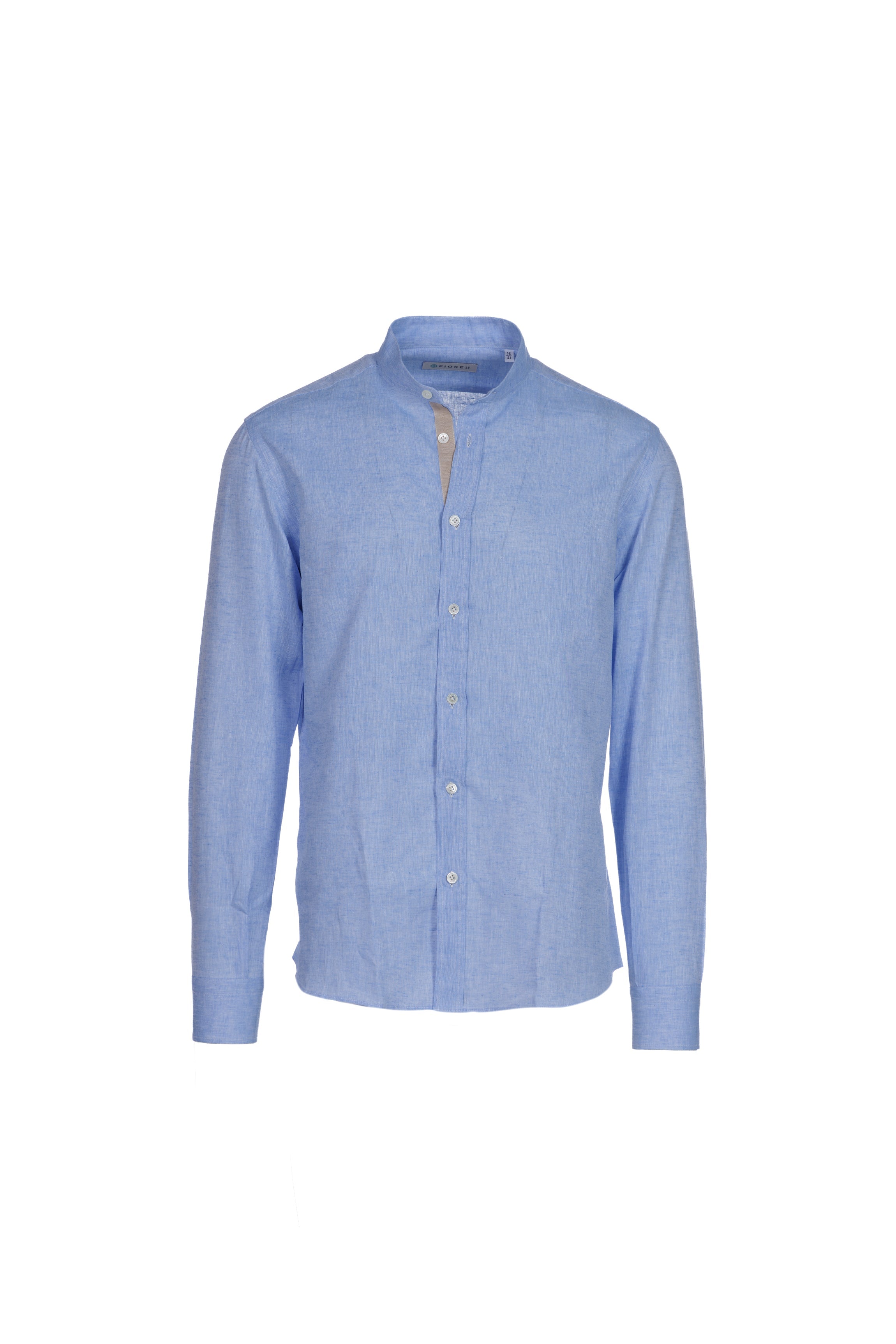 Men's light blue linen and cotton band-collar shirt
