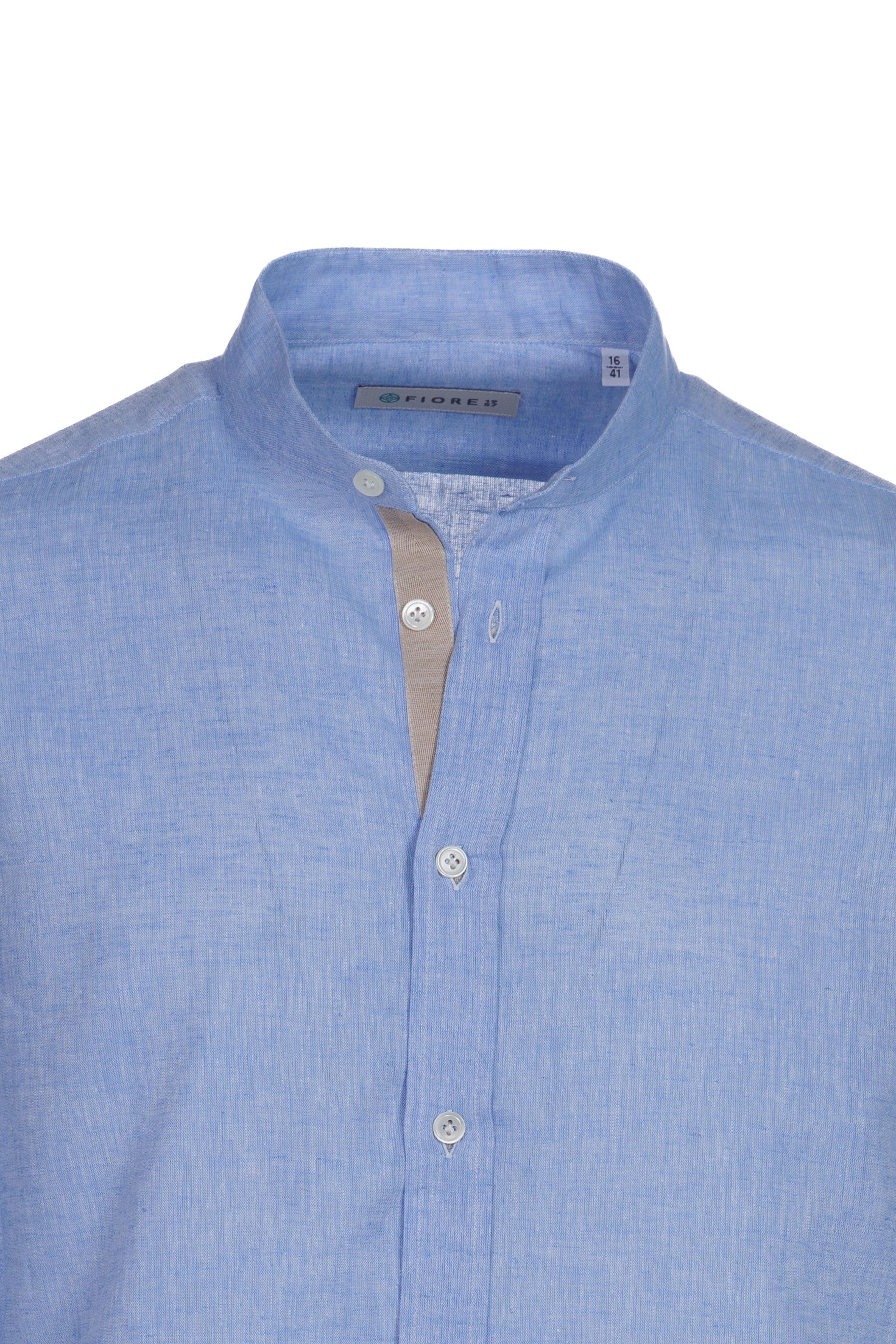 Men's light blue linen and cotton band-collar shirt