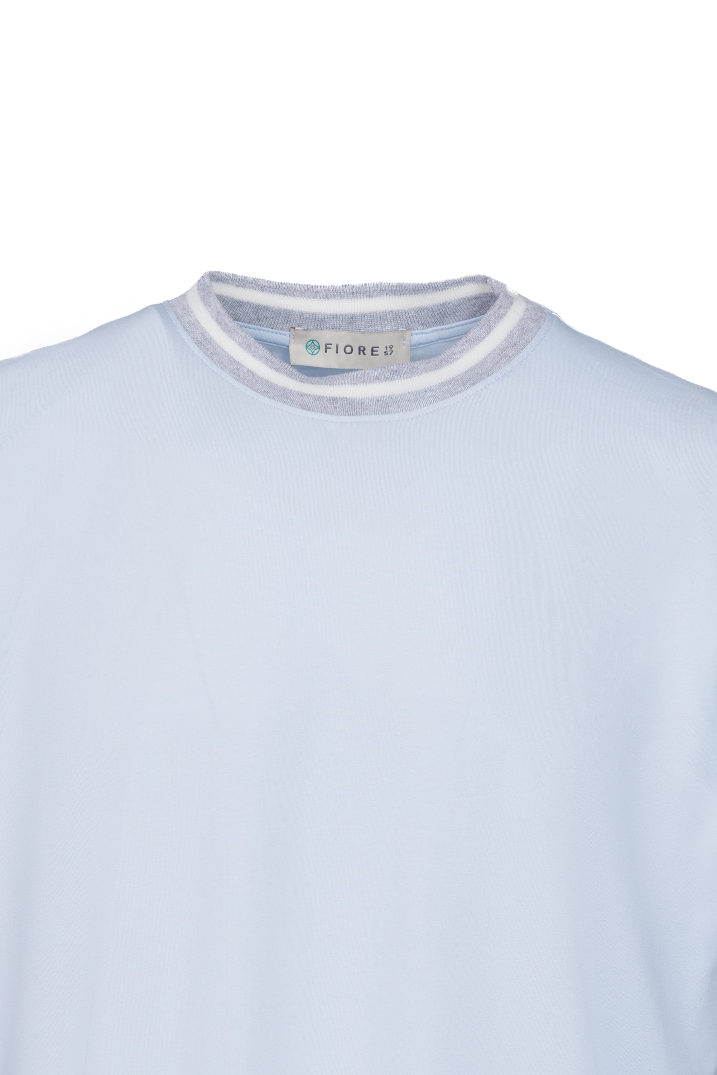 Stretch cotton T-shirt with light blue ribbed collar
