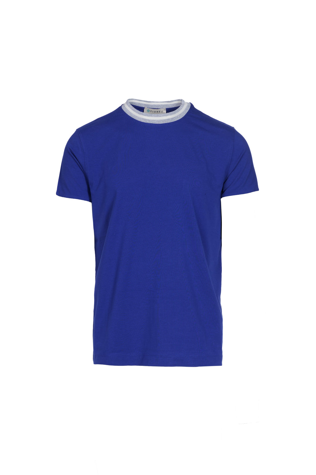 Stretch cotton t-shirt with ribbed electric blue collar