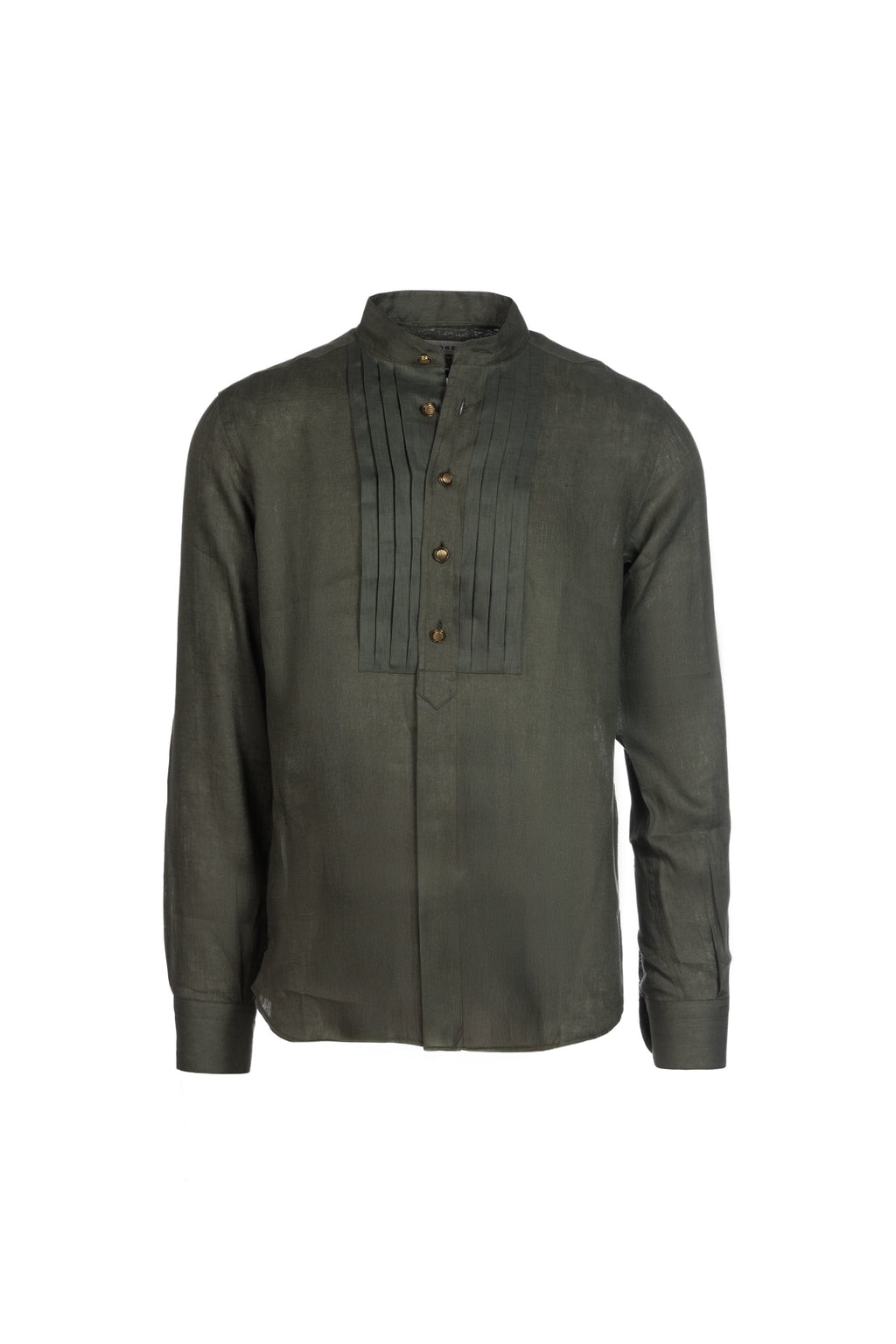 Military green linen stand-collar shirt