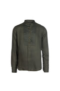 Military green linen stand-collar shirt