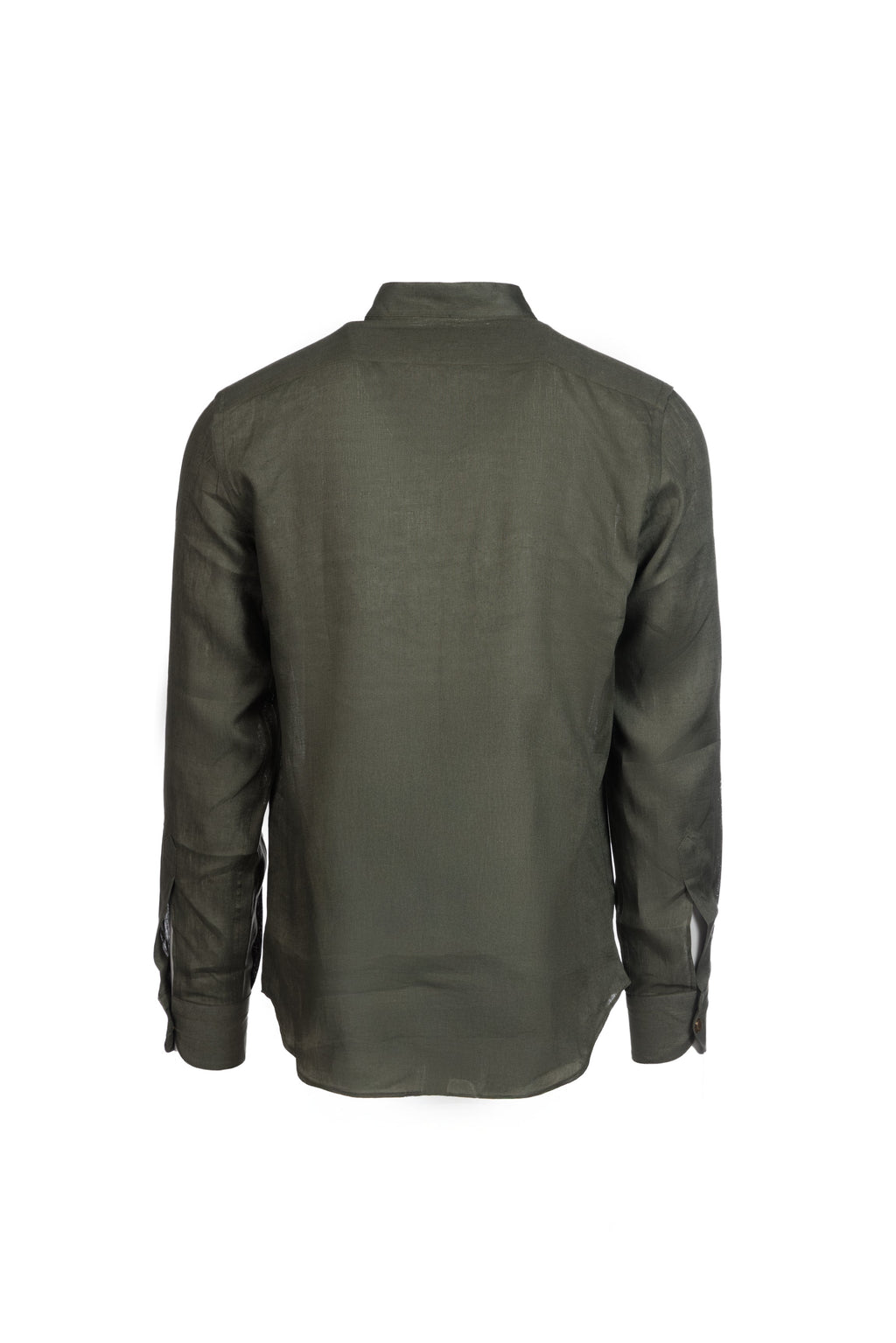 Military green linen stand-collar shirt