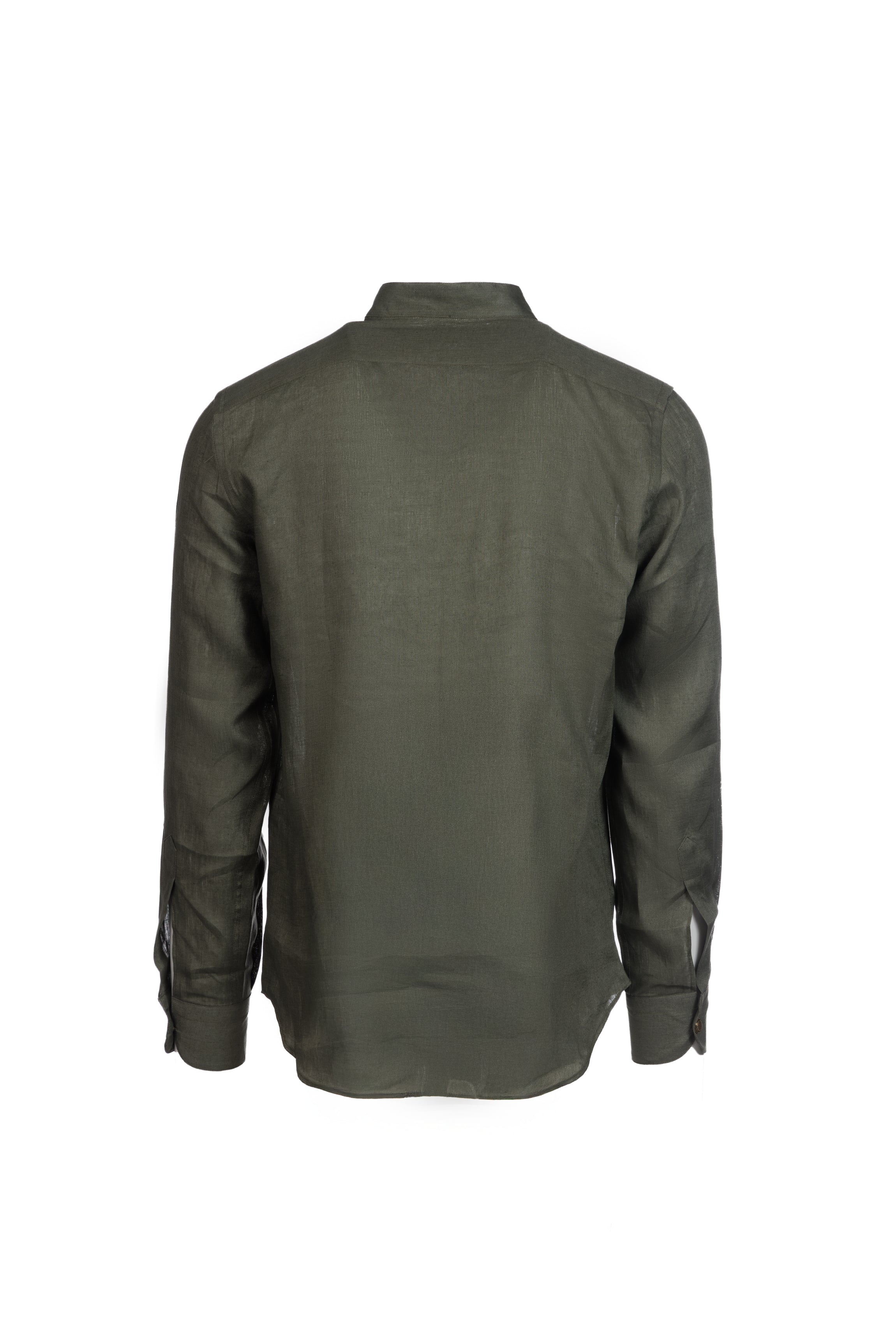 Military green linen stand-collar shirt