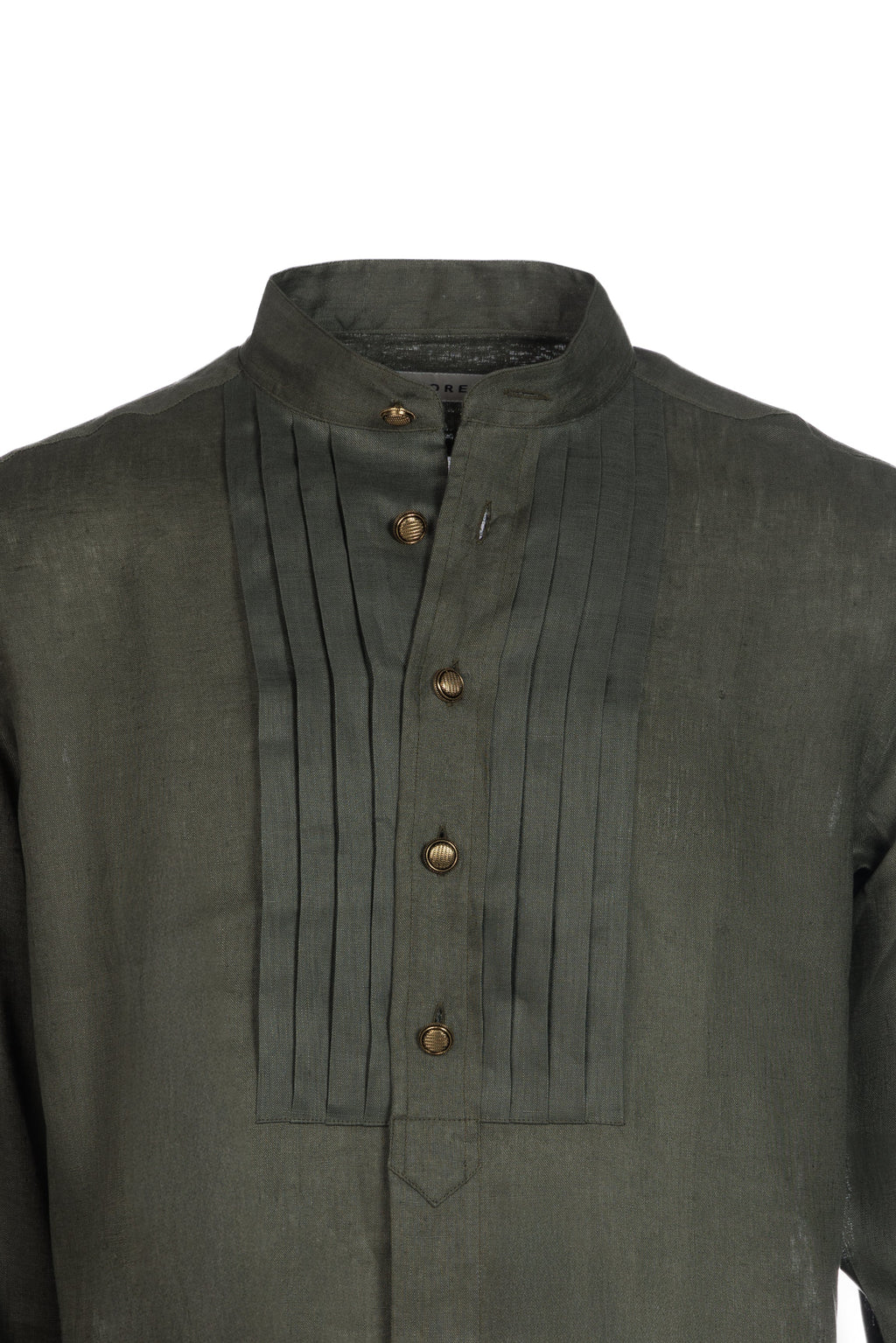 Military green linen stand-collar shirt