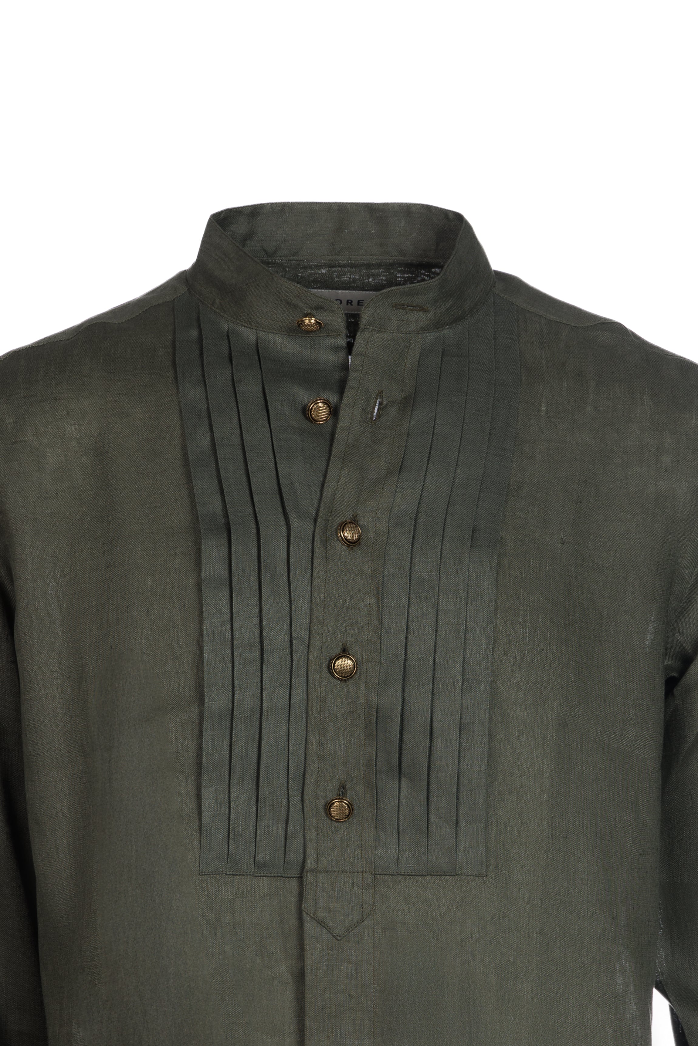 Military green linen stand-collar shirt