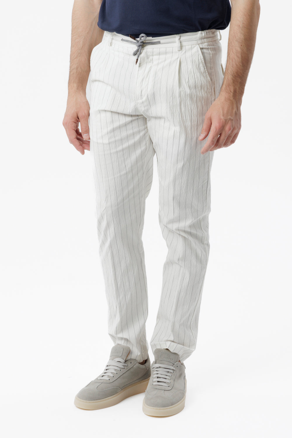 White pinstriped and embossed stretch cotton drawstring trousers