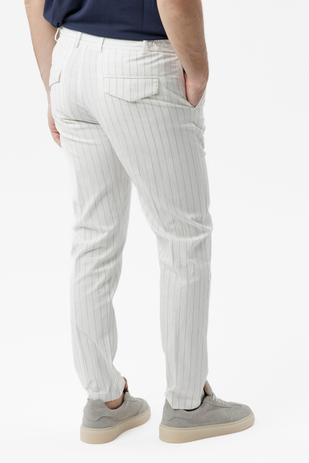 White pinstriped and embossed stretch cotton drawstring trousers