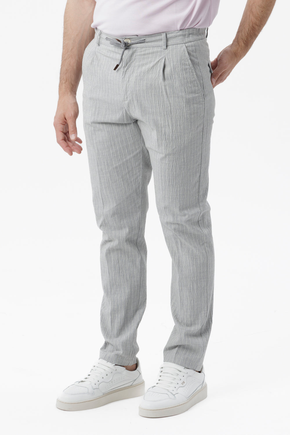Light grey pinstriped and embossed stretch cotton drawstring trousers