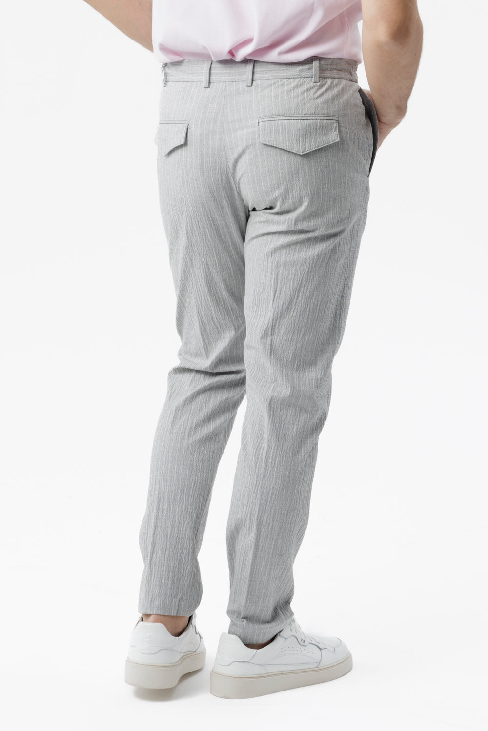 Light grey pinstriped and embossed stretch cotton drawstring trousers