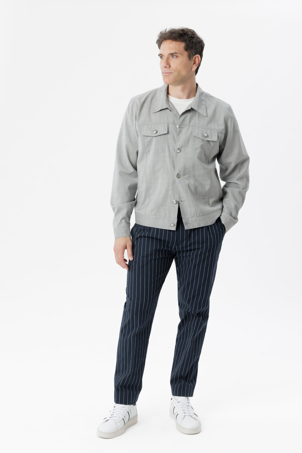 Blue pinstriped and embossed stretch cotton drawstring trousers
