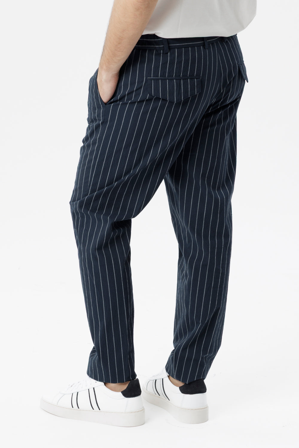 Blue pinstriped and embossed stretch cotton drawstring trousers