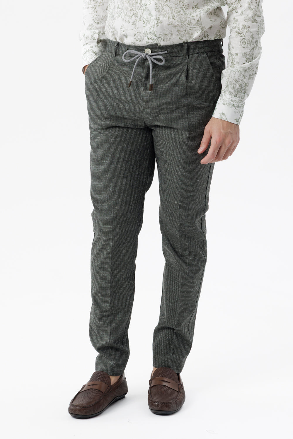 Pantaloni Amalfi in cotone pied de poule verde militare