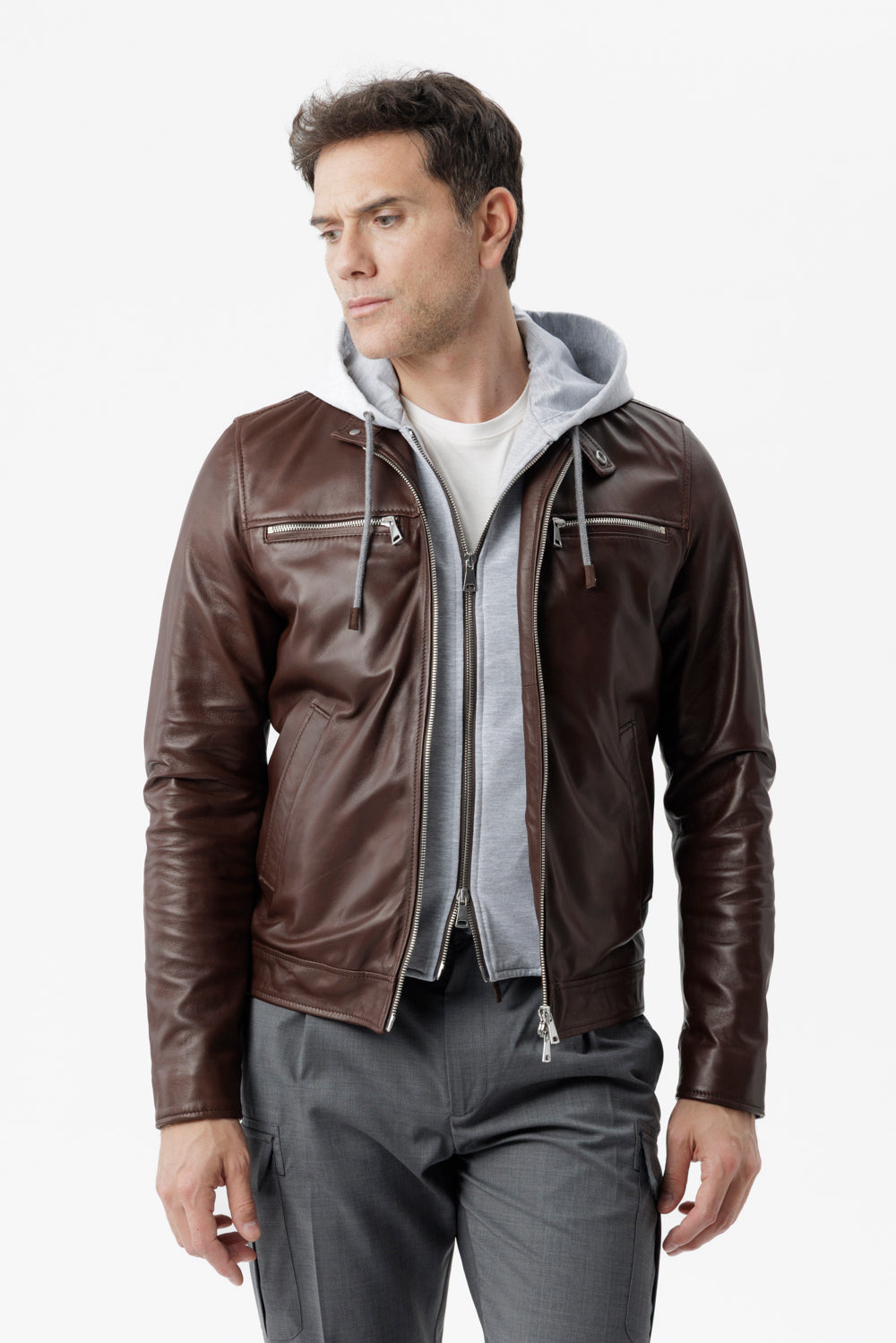 Brown Nappa Biker Jacket with Detachable Bib and Hood