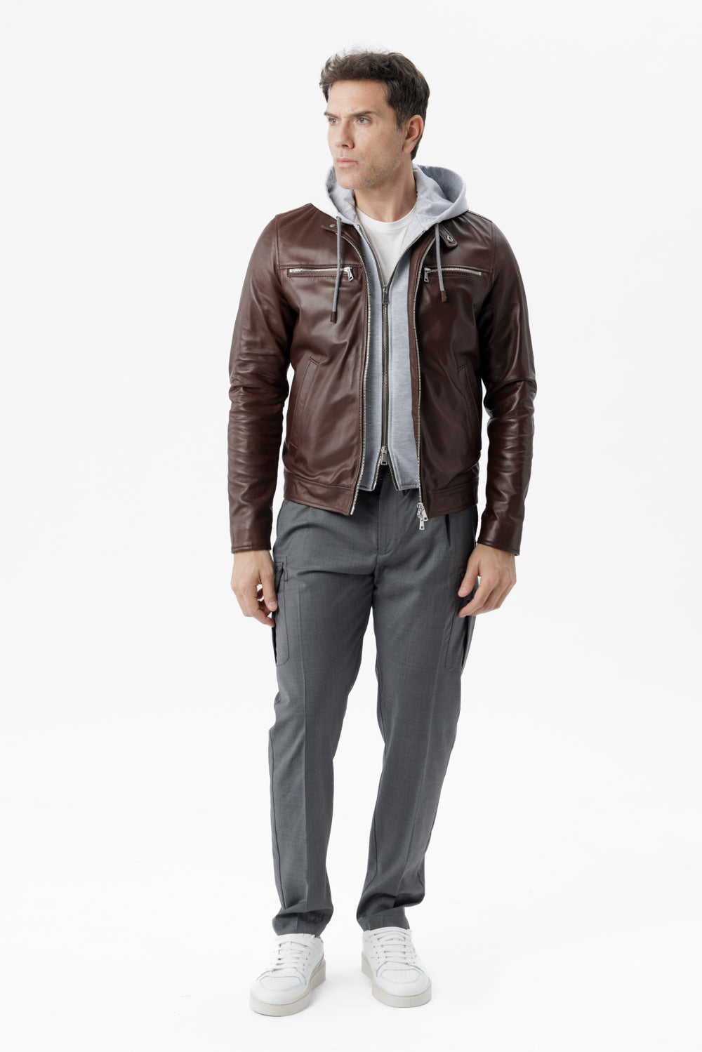 Brown Nappa Biker Jacket with Detachable Bib and Hood