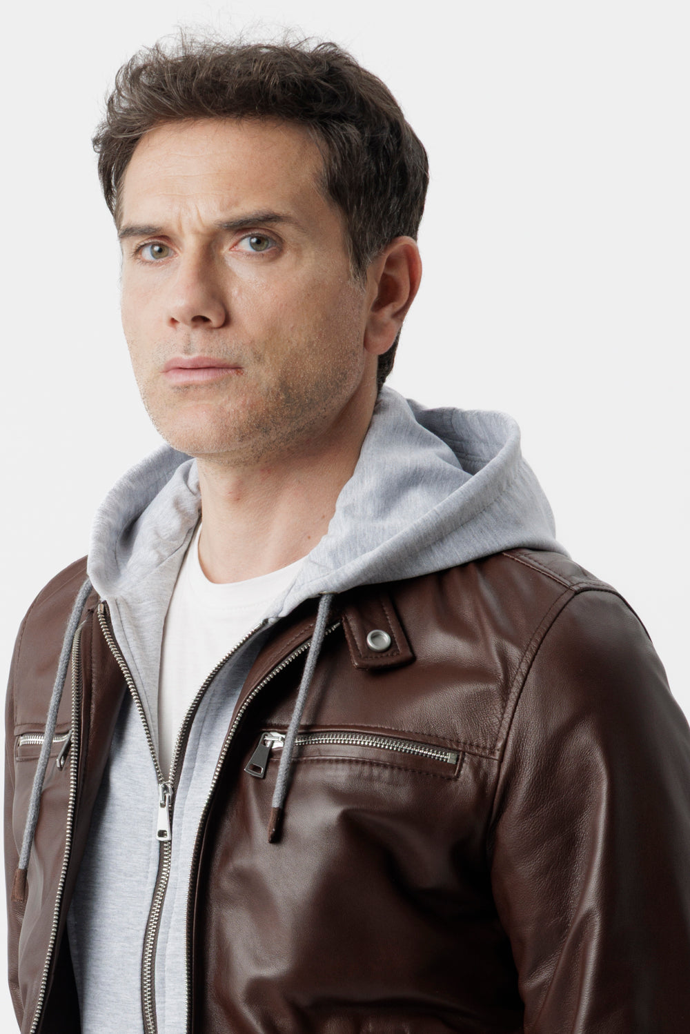 Brown Nappa Biker Jacket with Detachable Bib and Hood