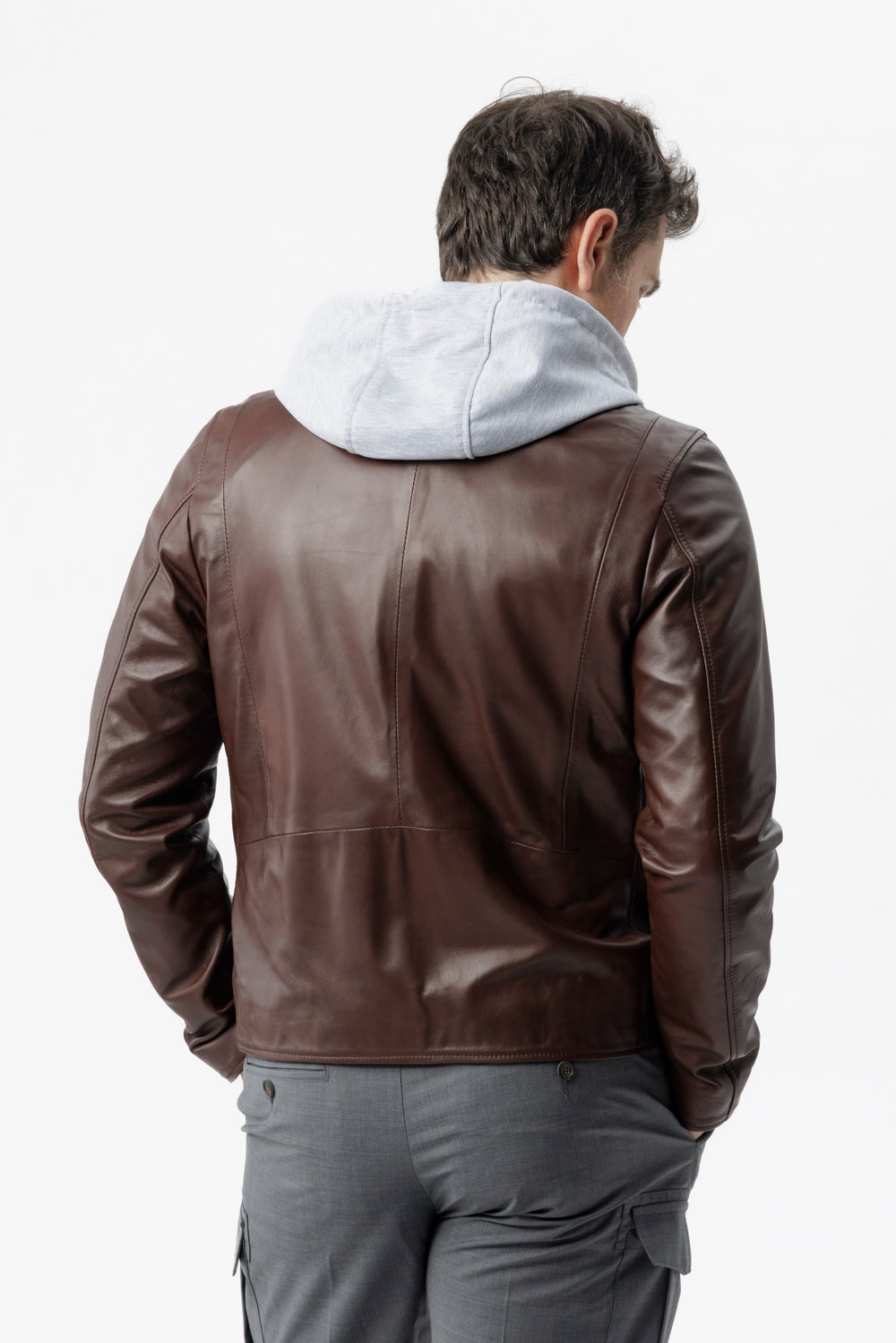 Brown Nappa Biker Jacket with Detachable Bib and Hood