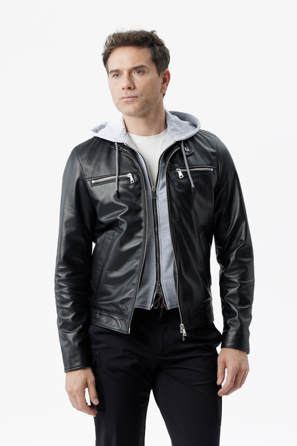 Black nappa leather biker jacket with detachable bib and hood