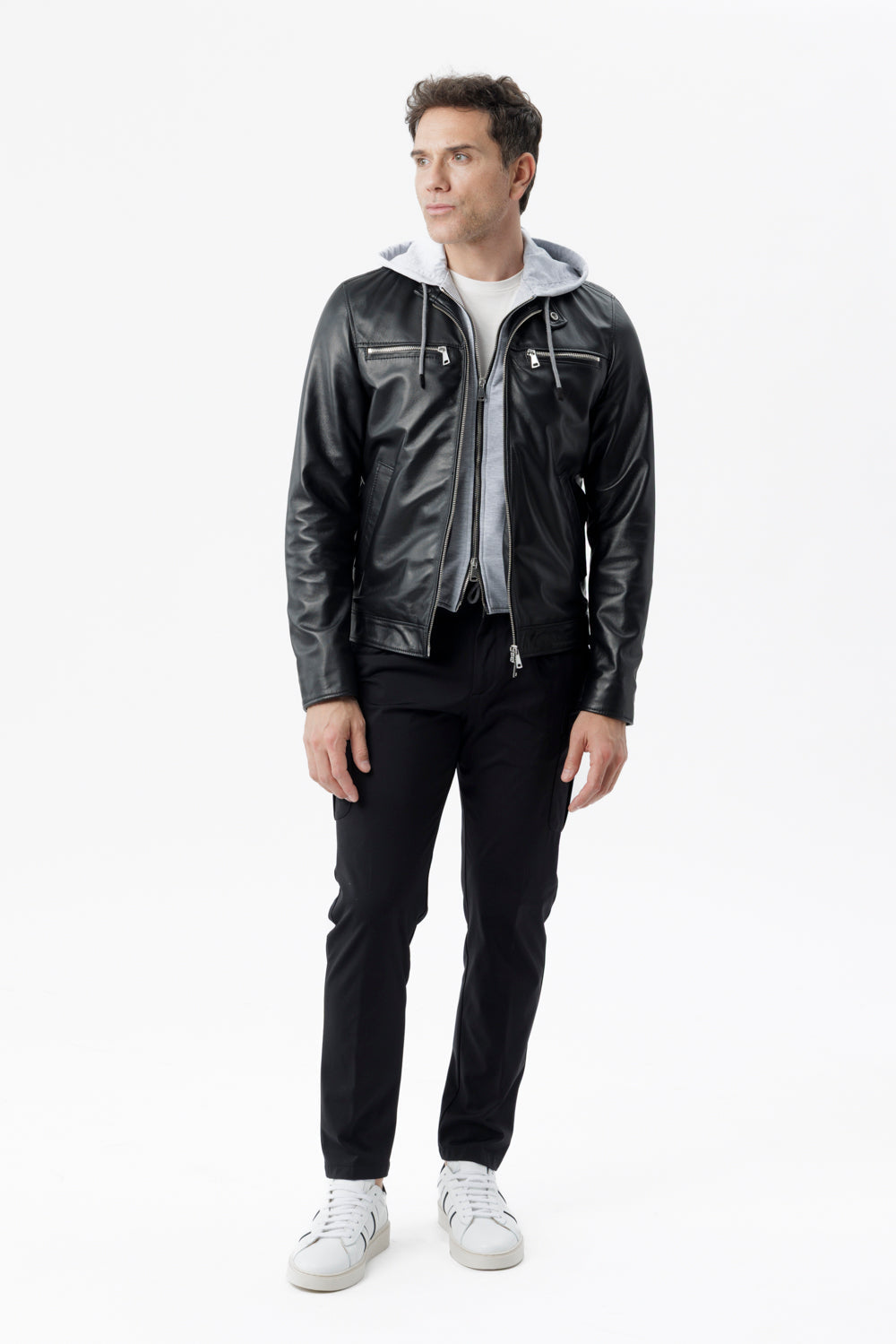 Black nappa leather biker jacket with detachable bib and hood