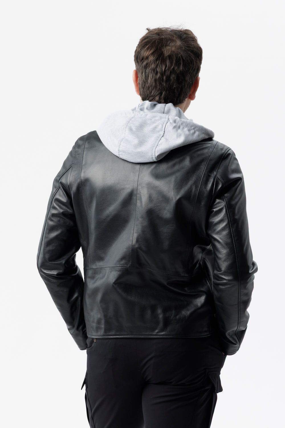 Black nappa leather biker jacket with detachable bib and hood