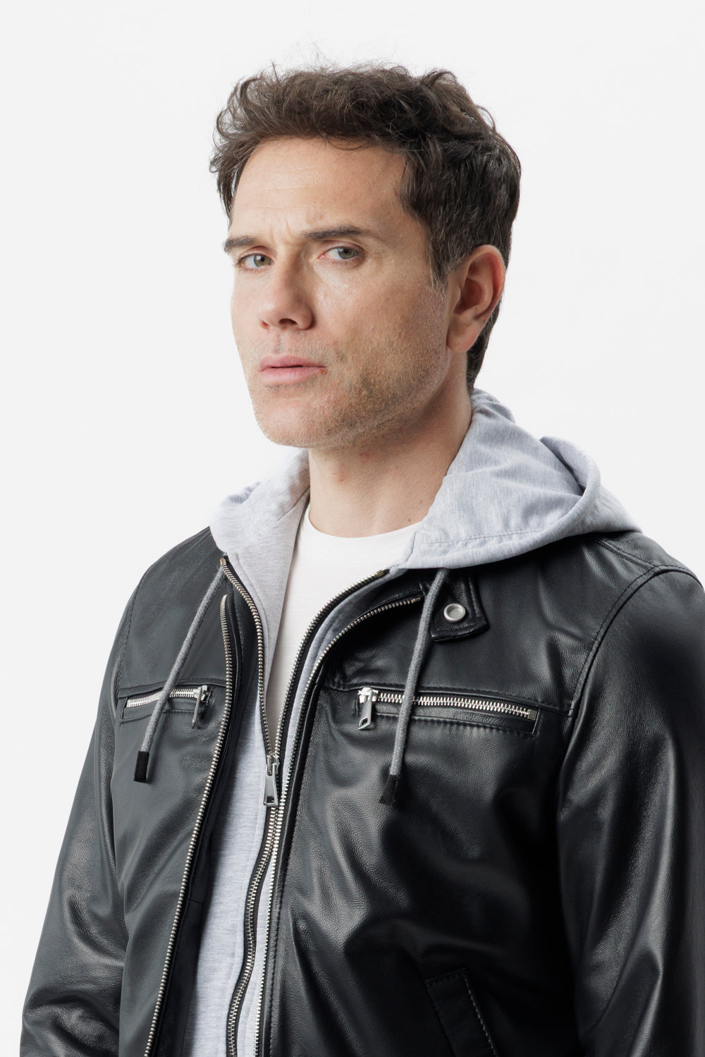 Black nappa leather biker jacket with detachable bib and hood