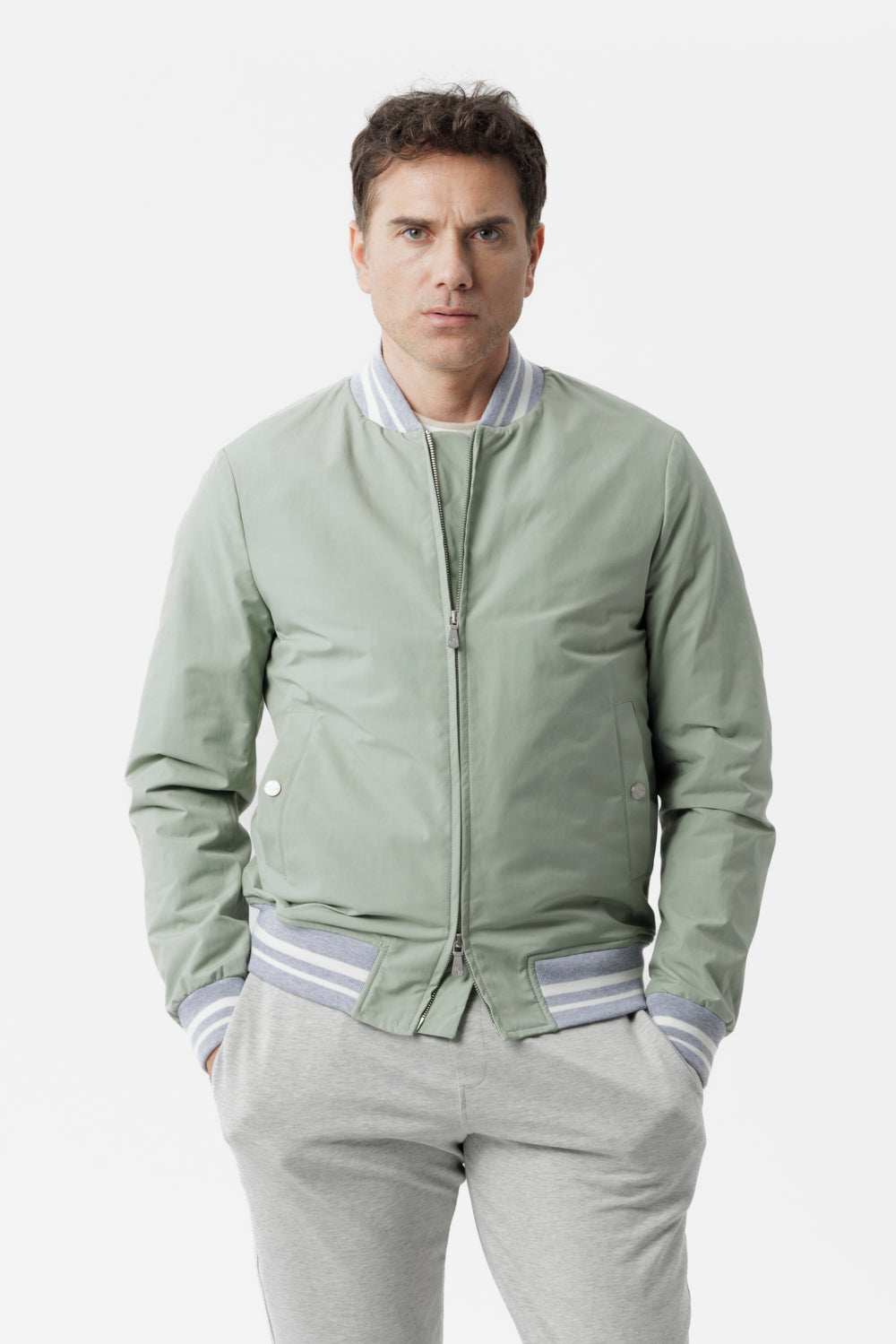 Sage green technical cotton varsity jacket