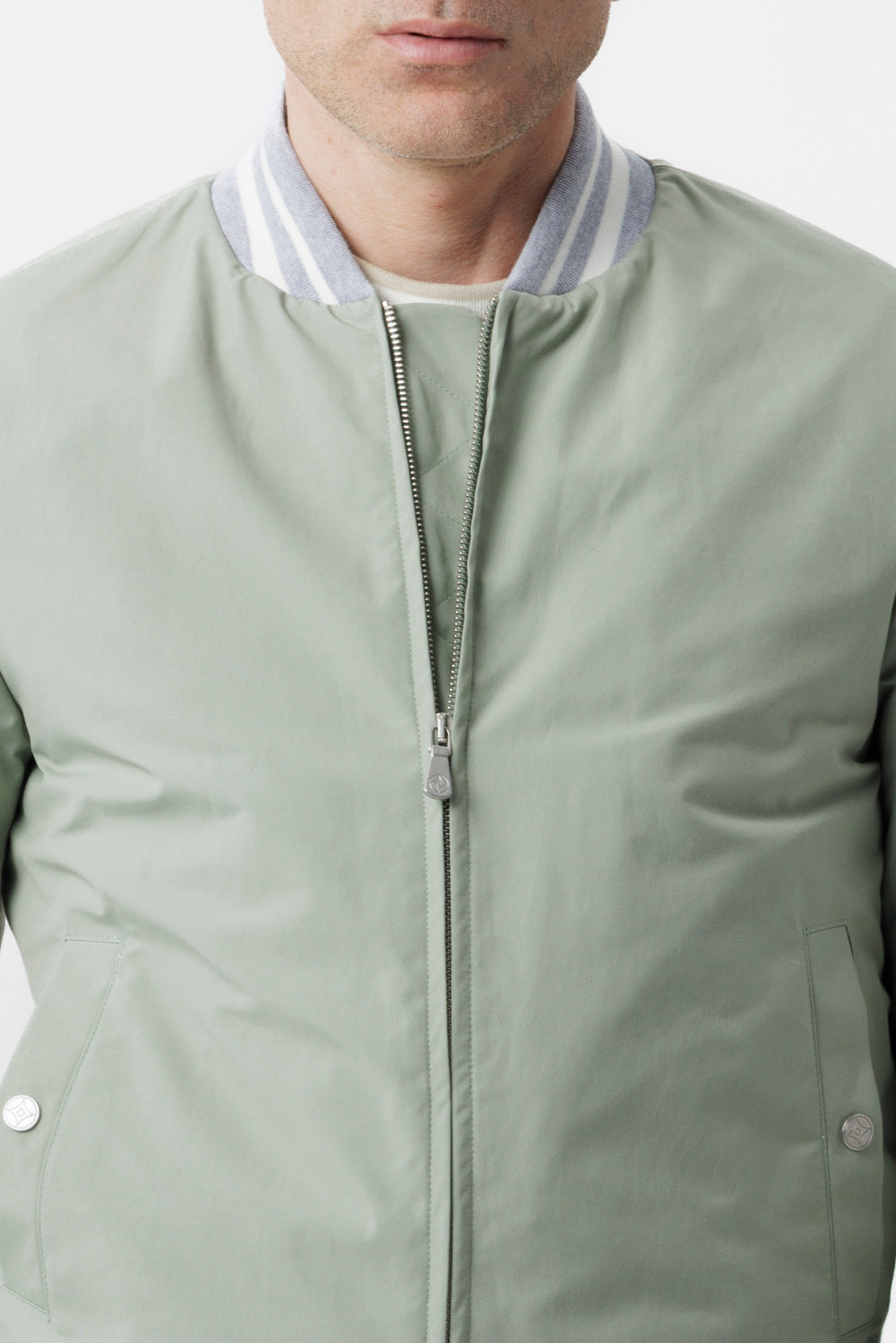 Sage green technical cotton varsity jacket
